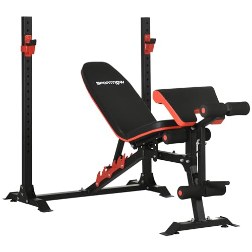 SPORTNOW Banco de Musculación Multifuncional Banco de Pesas con Respaldo Reclinable y Soporte de Barras Ajustable para Entrenamiento Abdominal Piernas Brazos y Pecho Carga 150 kg 180x110x126 cm Negro