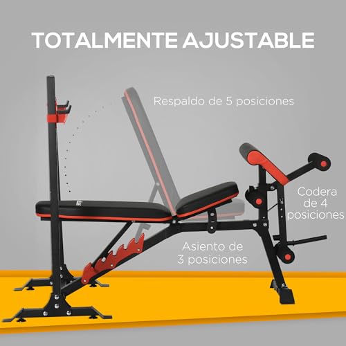 SPORTNOW Banco de Musculación Multifuncional Banco de Pesas con Respaldo Reclinable y Soporte de Barras Ajustable para Entrenamiento Abdominal Piernas Brazos y Pecho Carga 150 kg 180x110x126 cm Negro