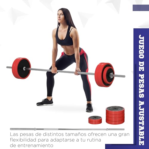 SPORTNOW Barra de Pesas 30 kg con Mancuernas Set de Musculación con 6 Discos 1,5kg 2,5kg 7kg y 1 Barra para Entrenamiento de Fuerza Levantamiento de Pesas en Hogar Gimnasio Oficina 170x26x26 cm Rojo