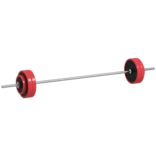 SPORTNOW Barra de Pesas 30 kg con Mancuernas Set de Musculación con 6 Discos 1,5kg 2,5kg 7kg y 1 Barra para Entrenamiento de Fuerza Levantamiento de Pesas en Hogar Gimnasio Oficina 170x26x26 cm Rojo