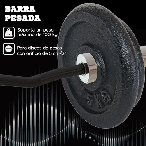 SPORTNOW Barra de Pesas de Acero 120 cm Barra Curl EZ Ø50 mm con 2 Presillas Carga 100 kg Barra Olímpica para los Discos de Ø5 cm Entrenamiento en Gimnasio Casa Negro y Plata