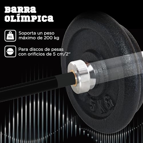 SPORTNOW Barra de Pesas de Acero 180 cm Ø50 mm con 2 Presillas Carga 200 kg Barra Olímpica para los Discos de Ø5 cm Entrenamiento en Gimnasio Casa Negro