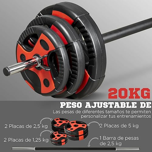 SPORTNOW Juego de Barra de Pesas 20 kg con Mancuernas Set de Musculación con 6 Discos 1,25 kg 2,5 kg 5 kg para Entrenamiento Culturismo en Gimnasio Casa 140x17x17 cm Negro y Rojo