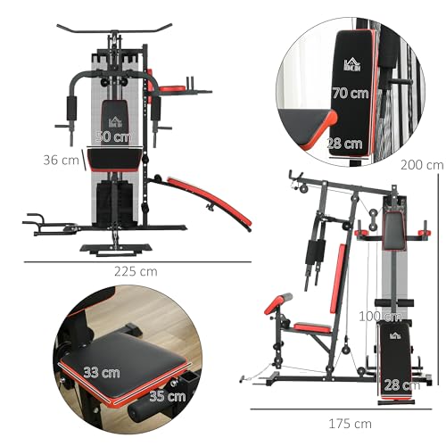 SPORTNOW Máquina de Multiestación Ajustable Multiestación de Musculación con Placas de Peso de 45 kg Carga MAX. 110 kg para Entrenamiento Fitness en Hogar Gimnasio 225x175x200 cm Negro