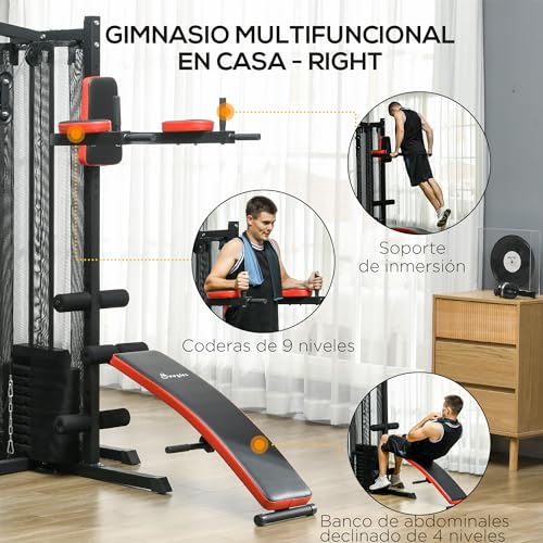 SPORTNOW Máquina de Multiestación Ajustable Multiestación de Musculación con Placas de Peso de 45 kg Carga MAX. 110 kg para Entrenamiento Fitness en Hogar Gimnasio 225x175x200 cm Negro