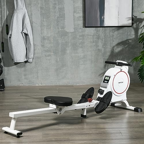 SPORTNOW Máquina de Remo Magnético Plegable Remo para Casa con Pantalla LCD Resistencia de 8 Niveles y 2 Ruedas Carga 130 kg para Gimnasio Acero 180x48x60 cm Blanco