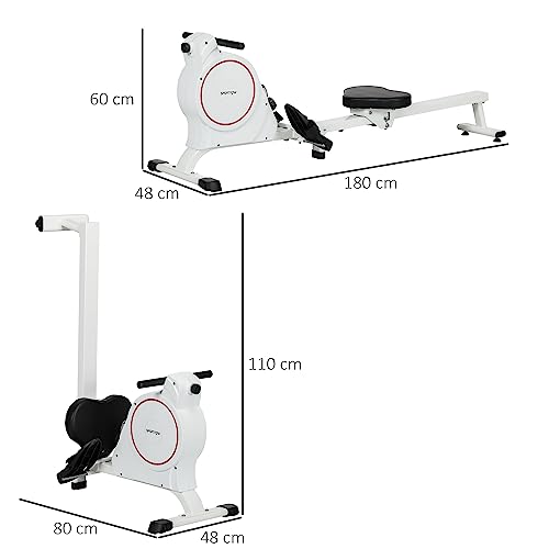 SPORTNOW Máquina de Remo Magnético Plegable Remo para Casa con Pantalla LCD Resistencia de 8 Niveles y 2 Ruedas Carga 130 kg para Gimnasio Acero 180x48x60 cm Blanco