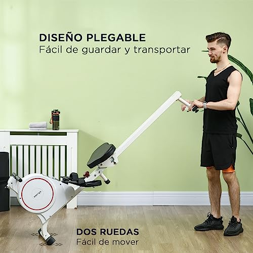 SPORTNOW Máquina de Remo Magnético Plegable Remo para Casa con Pantalla LCD Resistencia de 8 Niveles y 2 Ruedas Carga 130 kg para Gimnasio Acero 180x48x60 cm Blanco