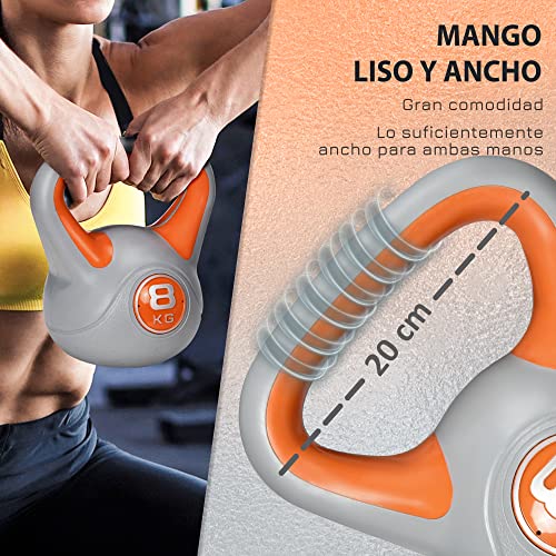 SPORTNOW Pesa Rusa 8 kg Kettlebell Revestimiento de PU y Relleno de Arena Mango Ancho para Entrenamiento Culturismo en Casa Gimnasio 20x14x24 cm Naranja y Gris