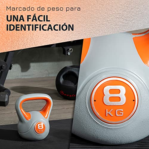 SPORTNOW Pesa Rusa 8 kg Kettlebell Revestimiento de PU y Relleno de Arena Mango Ancho para Entrenamiento Culturismo en Casa Gimnasio 20x14x24 cm Naranja y Gris