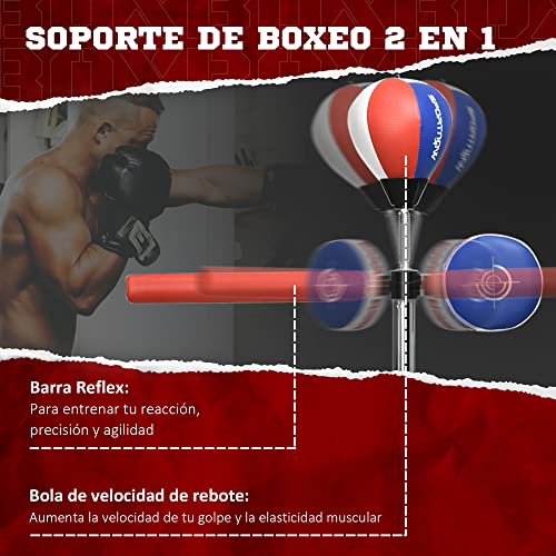 SPORTNOW Saco de Boxeo de Pie con Bola de Velocidad Altura Ajustable Base Rellenable de Agua o Arena Barra de Reflejos e Inflador Punching Ball para Adultos 80,5x48x163-205 cm Negro y Rojo