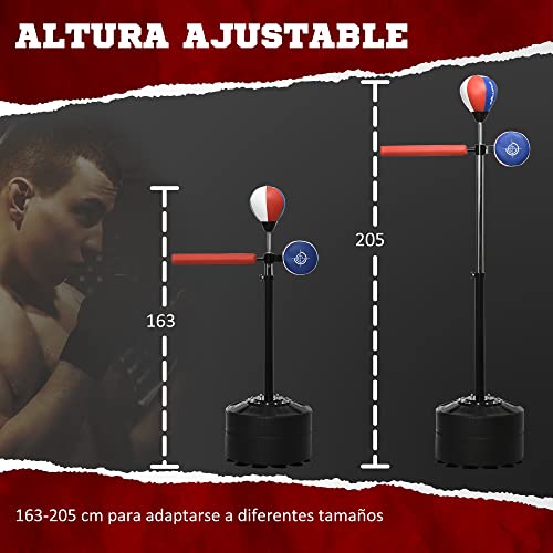 SPORTNOW Saco de Boxeo de Pie con Bola de Velocidad Altura Ajustable Base Rellenable de Agua o Arena Barra de Reflejos e Inflador Punching Ball para Adultos 80,5x48x163-205 cm Negro y Rojo