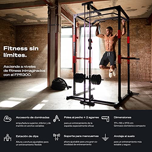 Sportstech Power Rack + Barra de Dominada, Barra de Dips, 2X Poleas + Mosquetón y Espaldera | Soporte para pesas | Jaula de musculación en casa: Fitness y deporte en casa- Jaula de fuerza | FPR300/350