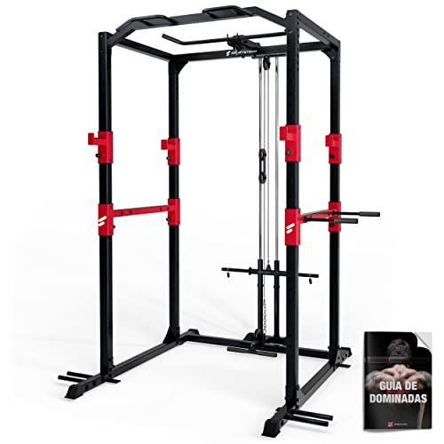 Sportstech Power Rack + Barra de Dominada, Barra de Dips, 2X Poleas + Mosquetón y Espaldera | Soporte para pesas | Jaula de musculación en casa: Fitness y deporte en casa- Jaula de fuerza | FPR300/350