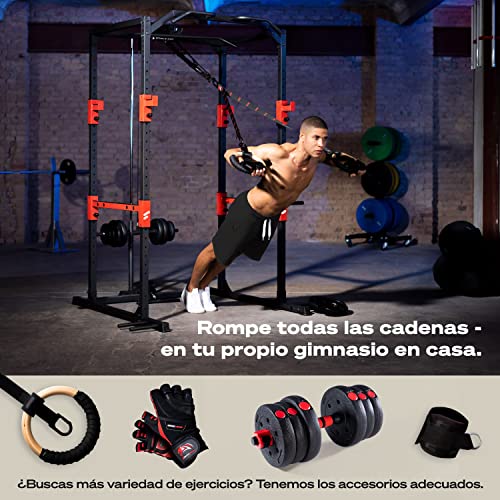 Sportstech Power Rack + Barra de Dominada, Barra de Dips, 2X Poleas + Mosquetón y Espaldera | Soporte para pesas | Jaula de musculación en casa: Fitness y deporte en casa- Jaula de fuerza | FPR300/350