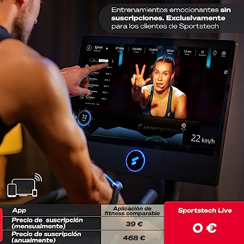 Sportstech - sBike Bicicleta Estatica, Interior Bicicleta Spinning, Bici Estatica con Pantalla Táctil de 21,5", Bicicleta Estática con Tecnología LED Para Entrenamientos de Cuerpo Entero