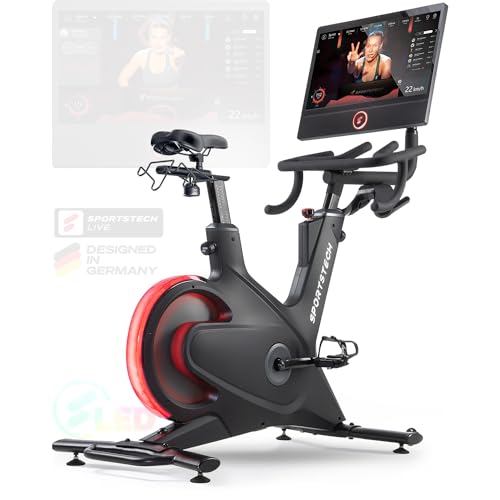 Sportstech - sBike Bicicleta Estatica, Interior Bicicleta Spinning, Bici Estatica con Pantalla Táctil de 21,5", Bicicleta Estática con Tecnología LED Para Entrenamientos de Cuerpo Entero