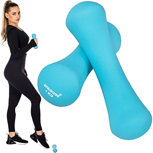 Springos - Mancuernas para mujer (neopreno, 1-6 kg), mancuernas para gimnasia, para entrenamiento, Azul 2 x 1 kg