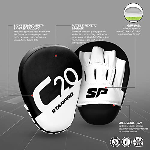 Starpro C20 Manoplas Boxeo curvadas de Cuero sintético - Almohadillas de Entrenamiento de Boxeo Muay Thai MMA Kick Boxing Artes Marciales - Negro y Blanco