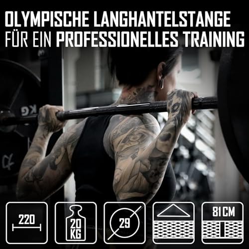 Strength Shop Olympia Langhantelel 20 kg, 220 cm de largo y 29 mm de largo, de acero galvanizado negro, barra larga de 50 mm, soporte de disco con moleteado afilado, perfecto para sentadillas, peso