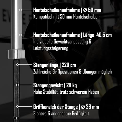 Strength Shop Olympia Langhantelel 20 kg, 220 cm de largo y 29 mm de largo, de acero galvanizado negro, barra larga de 50 mm, soporte de disco con moleteado afilado, perfecto para sentadillas, peso