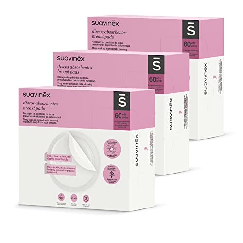 Suavinex, Discos Absorbentes de Lactancia 180 uds. (3 Cajas x 60 uds). Discos Absorbentes Desechables. Súper Transpirables y Absorbentes. Extrafinos. Imperceptibles. En bolsitas individuales de 2 uds