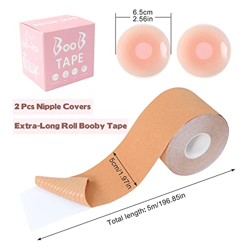 sularpek Cinta Adhesiva Pecho, Cinta de Levantamiento de Senos, Cinta de Pecho, con 1 Pares de Cubre Pezones, Cinta Invisible Boob Tape Elástica 5 cmx5 m, para Copa A-E