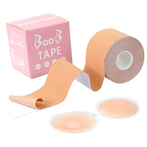 sularpek Cinta Adhesiva Pecho, Cinta de Levantamiento de Senos, Cinta de Pecho, con 1 Pares de Cubre Pezones, Cinta Invisible Boob Tape Elástica 5 cmx5 m, para Copa A-E