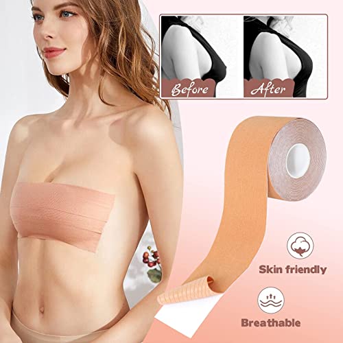 sularpek Cinta Adhesiva Pecho, Cinta de Levantamiento de Senos, Cinta de Pecho, con 1 Pares de Cubre Pezones, Cinta Invisible Boob Tape Elástica 5 cmx5 m, para Copa A-E