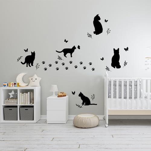 SUPERDANT Pegatinas de Pared de Gato Negro Calcomanías de Pared de Mariposa con Silueta Decoración de Pared con Estampado de Pata Calcomanía de Puerta de Animal Calcomanías de Ventana DIY