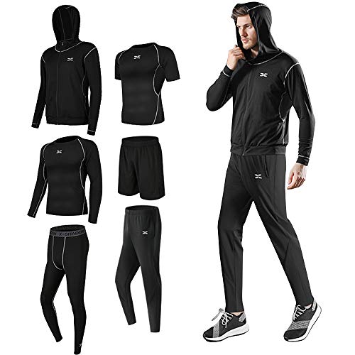 Superora 6 Piezas Juego de ropa deportiva Hombre con capucha de manga larga camisetas de manga corta pantalones cortos sueltos y pantalones Entrenamiento Gimnasio Correr