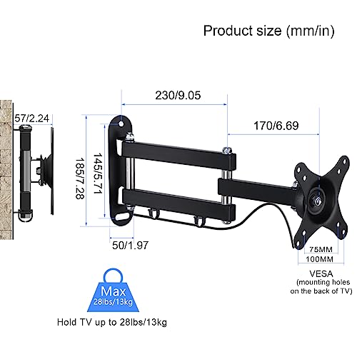 Suptek Soporte TV Pared, Soporte Monitor Pared para de 15-32 Pulgadas de hasta 13 kg, Puede Girarse/Inclinarse/Extenderse VESA 100x100/75x75mm, Soporte Television Pared- MA2720