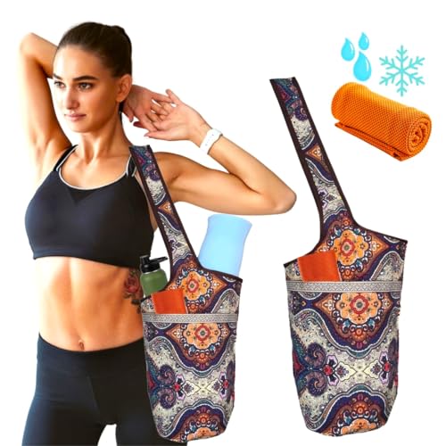 SusggO Pack Bolsa Yoga para Esterilla y Toalla Fria enfriamiento Bolso Yoga Mujer para Colchoneta Toalla Gimnasio Toalla Microfibra Bolso Yoga Esterilla Yoga Accesorios Pilates Fitness (Paisley)