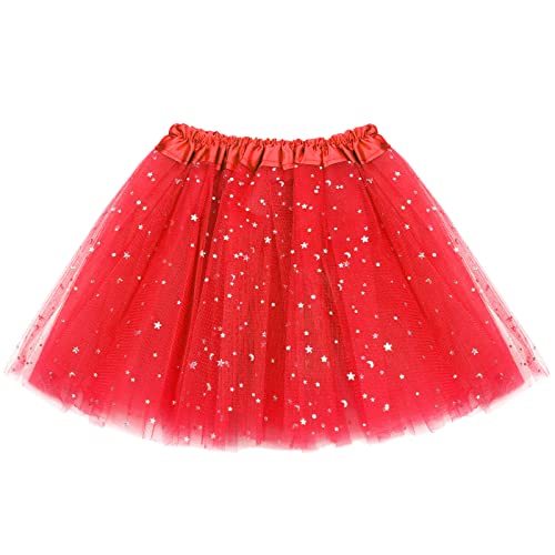 Syhood Falda de Tutú de Niñas de 2 a 8 Años de Tul de 3 Capas Falda de Ballet con Lentejuelas de Estrella de Baile (Rojo)