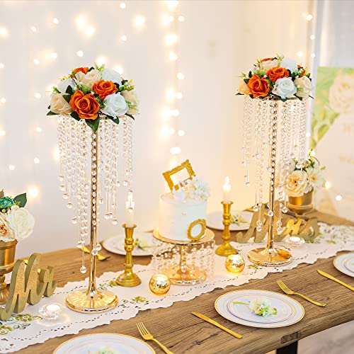 Sziqiqi 55cm Centro Mesa Boda con Cadena de Cristal Dorados - 2 Piezas Soporte de Flores Alto Jarrones de Piso Metal Centro de Mesa para Fiesta Cumpleaños Aniversario Recepción Baby Shower Compromiso