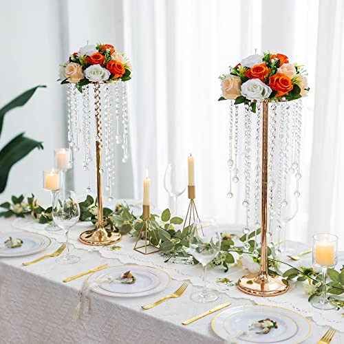 Sziqiqi 55cm Centro Mesa Boda con Cadena de Cristal Dorados - 2 Piezas Soporte de Flores Alto Jarrones de Piso Metal Centro de Mesa para Fiesta Cumpleaños Aniversario Recepción Baby Shower Compromiso