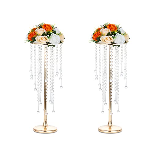 Sziqiqi 55cm Centro Mesa Boda con Cadena de Cristal Dorados - 2 Piezas Soporte de Flores Alto Jarrones de Piso Metal Centro de Mesa para Fiesta Cumpleaños Aniversario Recepción Baby Shower Compromiso