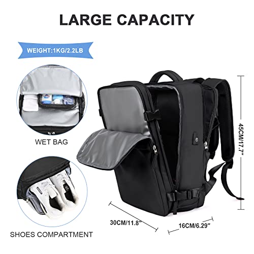 SZLX Mochila Viaje Cabina Avion Mujer Bolsas de viaje Equipaje de Mano avion Maletas de Viaje Cabina Mochila para Portátil con cable USB Impermeable Mochila Escolar Negro