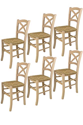 t m c s Tommychairs - Set 6 sillas Cross para Cocina y Comedor, Estructura en Madera de Haya lijada, no tratada, 100% Natural y Asiento en Paja