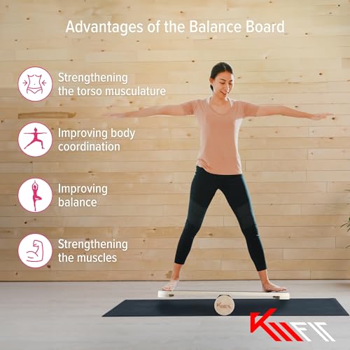 Tabla de equilibrio KM-Fit de madera, tabla de equilibrio para interiores, tabla de surf para entrenamiento de coordinación, entrenamiento de fuerza y equilibrio, surf y patinaje en interiores