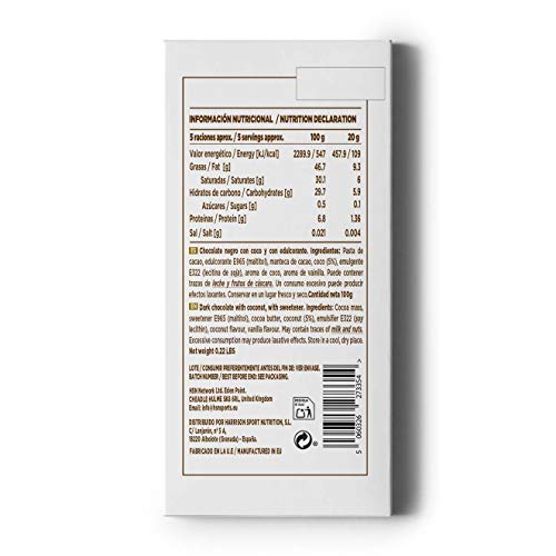 Tableta de Chocolate con Coco de HSN | Dark Coconut Chocolate | 72% Cacao y 5% Coco | Snack Fitness Saludable | Vegetariano, Sin Azúcar, Sin Gluten, Sin Aceite de Palma, Sin Grasa Trans, 100g