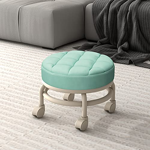 Taburete bajo con ruedas giratorias de 360°, silla móvil resistente y resistente, silla con asiento con ruedas de cuero PU, taburete con asiento rodante para el hogar, oficina, garaje, tienda, fitne