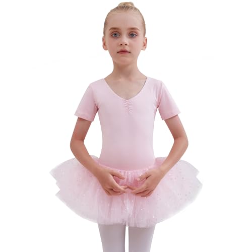 Tancefair Ropa de ballet para niños, vestido de ballet, de algodón, manga corta, maillot de ballet, vestido de danza, body con lentejuelas, falda tutú, Rosa., 120 cm