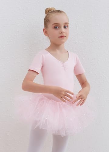 Tancefair Ropa de ballet para niños, vestido de ballet, de algodón, manga corta, maillot de ballet, vestido de danza, body con lentejuelas, falda tutú, Rosa., 120 cm