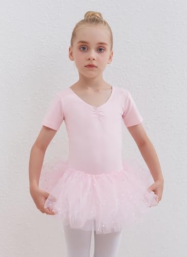 Tancefair Ropa de ballet para niños, vestido de ballet, de algodón, manga corta, maillot de ballet, vestido de danza, body con lentejuelas, falda tutú, Rosa., 120 cm