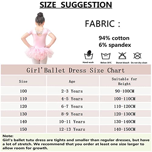 Tancefair Ropa de ballet para niños, vestido de ballet, de algodón, manga corta, maillot de ballet, vestido de danza, body con lentejuelas, falda tutú, Rosa., 120 cm