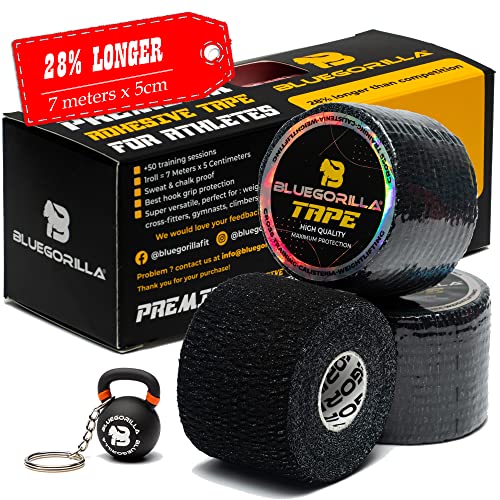 Tape Crossfit, Weightlifting BLUEGORILLA - Esparadrapo Deportivo de 5cm x 7m - Hook Grip - Cinta Protectora con Agarre Ultra Adhesivo- Pack de 3 y 6 Rollos (Negro 3 Unidades) - Llavero Incluido