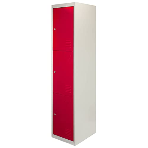 Taquilla Metálica para Montar con 3 Puertas Rojas 45x38x180cm con Estantes llaves Imanes Portatarjetas Nombre Número Casillero Armario Rojo Metalico Red Metal Locker Escuela Gimnasio Vestuario Oficina