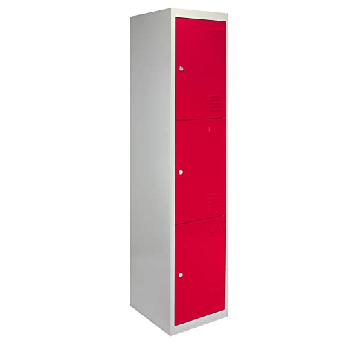 Taquilla Metálica para Montar con 3 Puertas Rojas 45x38x180cm con Estantes llaves Imanes Portatarjetas Nombre Número Casillero Armario Rojo Metalico Red Metal Locker Escuela Gimnasio Vestuario Oficina