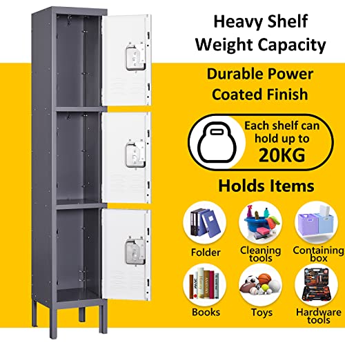 Taquilla vertical de un solo Armario Taquilla Vestuario Metalicas Armario de Metal Taquilla metálica 3 Puertas Casillero Organizador Almacenaje para empleados hogar oficina escuela 168x30.5x30.5cm